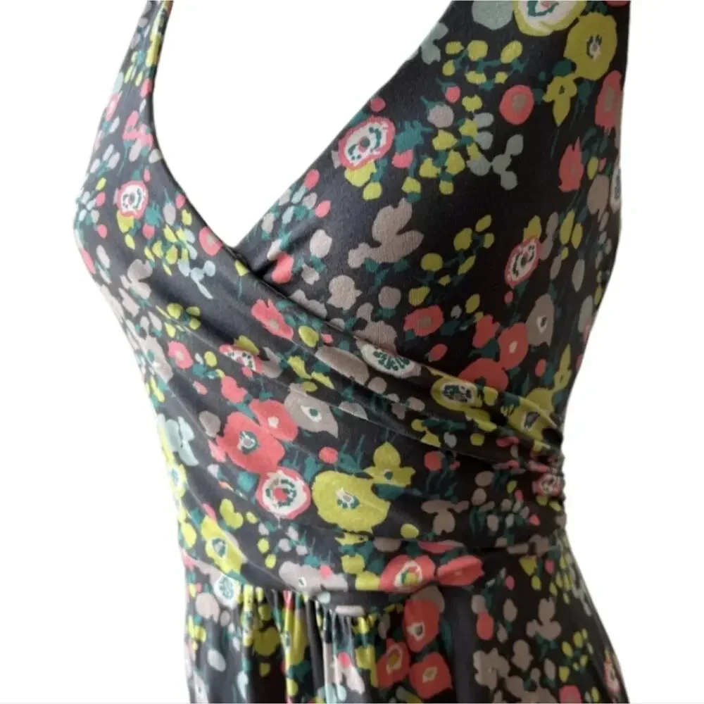 BODEN Women's St. Lucia‎ Halter Dress US Sz 6 Grey Floral Chartreuse Multicolor